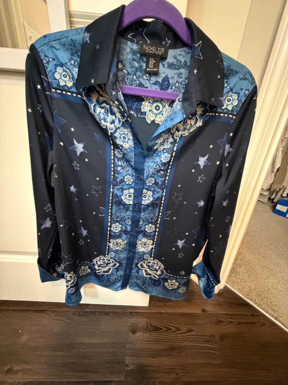 Rachel Zoe Blue Western Floral Star Satin Button-Up Blouse